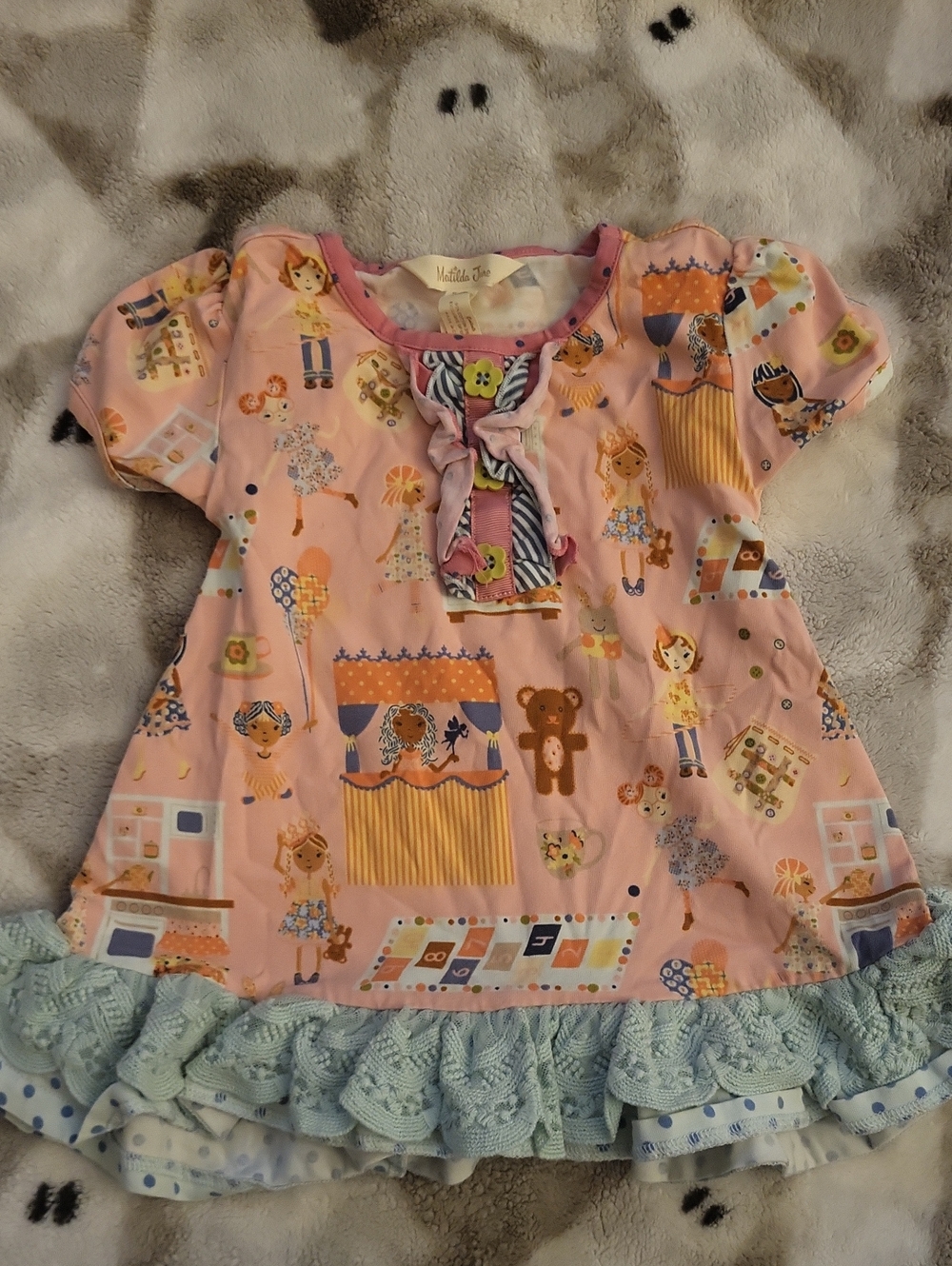 Matilda Jane Pink Puppet-Print Ruffle Top with Blue Trim